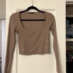 Zara Brown Ribbed Long Sleeve Crop Top with Square Neck